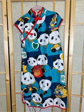 Allure Girls' Panda Print Cheongsam Dress - Teal, Navy & Red